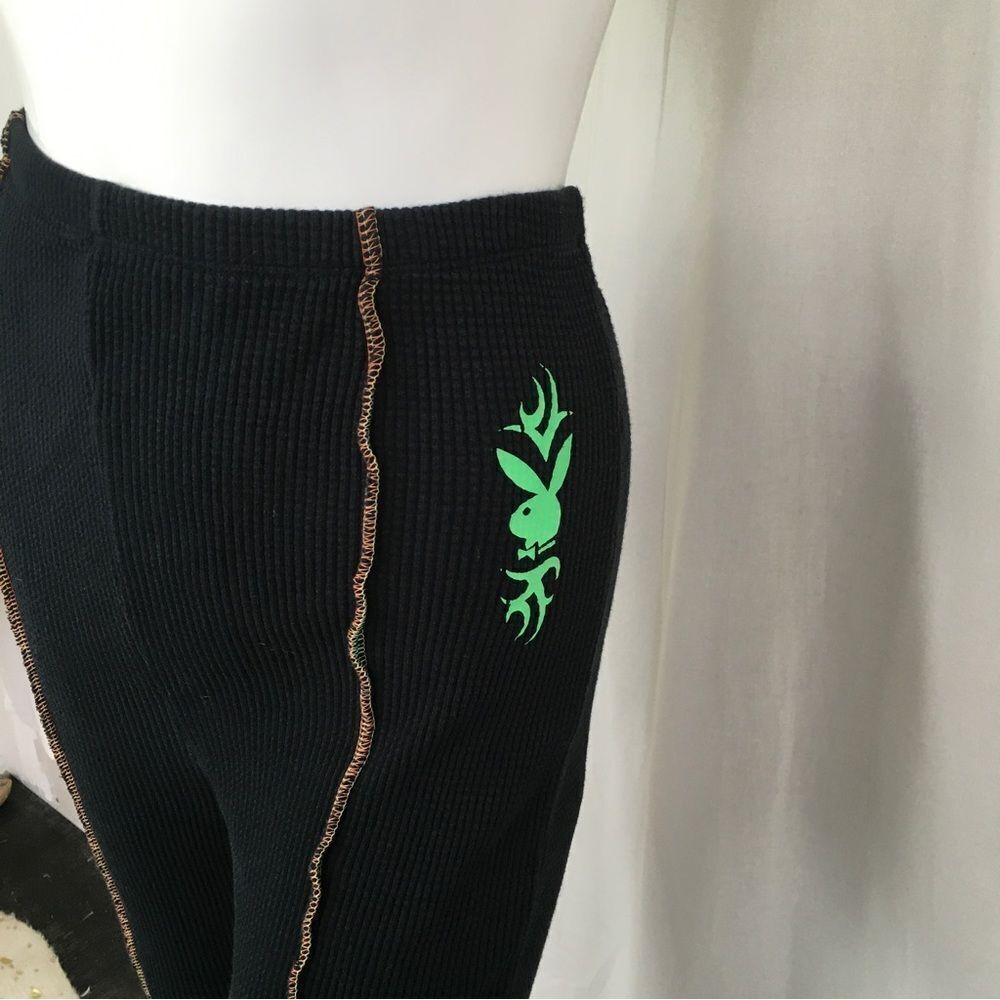 Playboy by PacSun Y2K Front Contrast Stitch Ribbed Flare Leggings Pants Black L - Picture 7 of 10